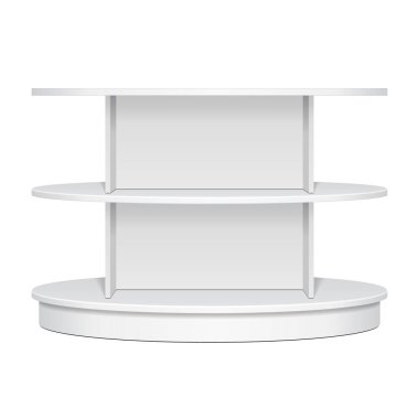 Süpermarket için Mockup Rack Showcase. Çember, Yuvarlak, Elips Perakende Rafları. Ön Manzara. Beyaz Arkaplanda İzole Edilmiş Resim Tasarımınız İçin Şablon Hazırlandı. Ürün Reklamcılığı.
