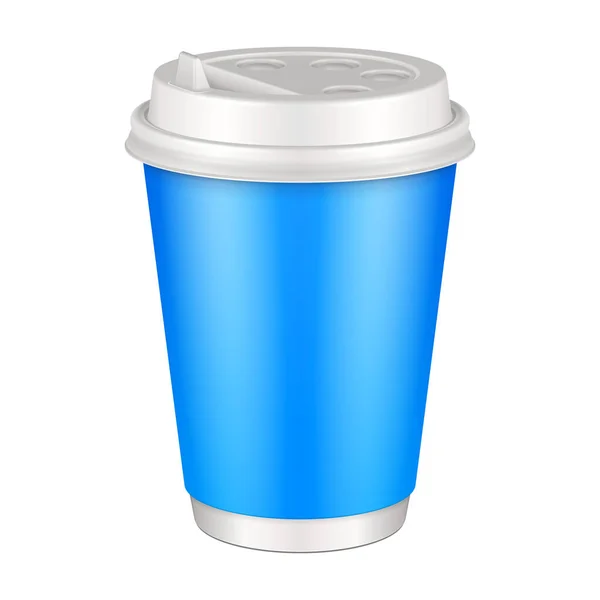 用Lid模拟蓝色空白可处置纸杯 冷饮或热饮容器 卡布奇诺 白色背景下的孤立说明 为您的设计准备模板 — 图库矢量图片
