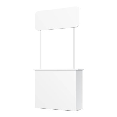 Mockup Blank Boş Vitrin Satış Raflarıyla Görüntüleme. Ön Görünüm 3 boyutlu. Beyaz arka planda izole edilmiş bir resim. Tasarımınız için şablonu hazırlayın. Ürün Reklamcılığı. Vektör EPS10