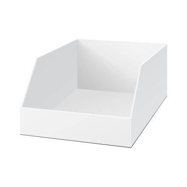 Mockup POS POI Karton Boş Ekran Gösterisi Broşürleri, Broşürleri, Broşürleri İlan Etmek İçin Kutusu Tutucusu. Beyaz arka planda izole edilmiş bir resim. Tasarımınız için şablonu hazırlayın. Vektör EPS10