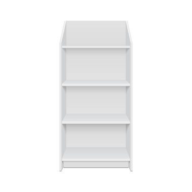 Mockup Blank Boş Vitrin Satış Raflarıyla Görüntüleme. Ön Görünüm 3 boyutlu. Beyaz arka planda izole edilmiş bir resim. Tasarımınız için şablonu hazırlayın. Ürün Reklamcılığı. Vektör EPS10