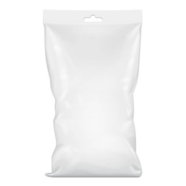 Mockup Blank Foil Food Stand Up Poşet Sachet Paket Paketi. Beyaz arka planda izole edilmiş bir resim. Tasarımınız için şablonu hazırlayın. Vektör EPS10