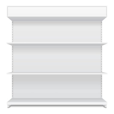 Mockup Long Blank Boş Vitrin Satış Raflarıyla Görüntüleme. Bakış açısı 3 boyutlu. Beyaz arka planda izole edilmiş bir resim. Tasarımınız için şablonu hazırlayın. Ürün Reklamcılığı. Vektör EPS10