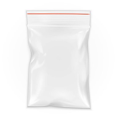 Mockup Blank Flat Poli Clear Poşet Plastik Polyethylene Poşet Paketi, Fermuar, Ziplock. Beyaz arka planda izole edilmiş bir resim. Şablonu Uygula. Tasarımına hazırım. Vektör EPS10