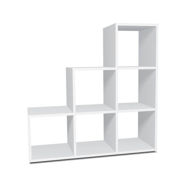 Mockup Blank Boş Vitrin Raflı Rafları Göster Ön Görünüm 3 boyutlu. Beyaz arka planda izole edilmiş bir resim. Tasarımınız için şablonu hazırlayın. Vektör EPS10