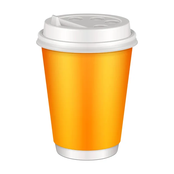 蓋付きのモックアップオレンジ イエローブランク使い捨て紙カップ 熱い飲み物のための容器 コーヒー ジャワ カプチーノ 白を基調としたイラスト あなたのデザインのための準備ができてテンプレートをモック — ストックベクタ