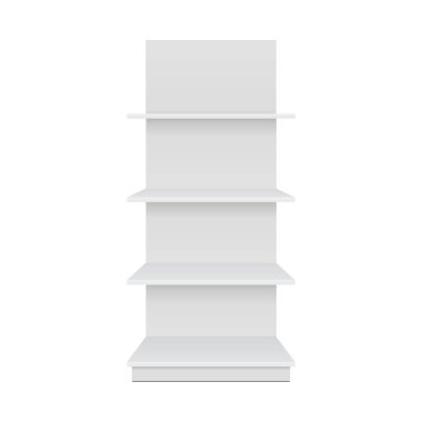 Mockup Square POS POI Zemin Vitrini Süpermarket için Rafları Rafları Göster Ön Görünüm 3 boyutlu. Beyaz arka planda izole edilmiş bir resim. Tasarımınız için şablonu hazırlayın. Ürün Reklamcılığı.