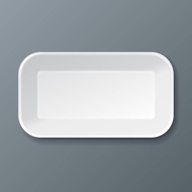 Beyaz Boş Stil Köpük Plastik Yemek Tepsisi. Gri arka planda izole edilmiş bir resim. Tasarımınız için şablonu hazırlayın. Vektör EPS10