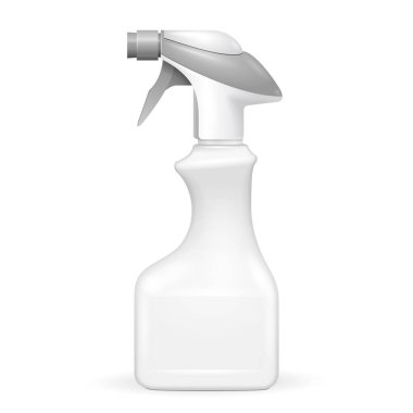 Mockup White Blank Spray Pistol Temizleyici Plastik Şişe. Beyaz arka planda izole edilmiş bir resim. Tasarımınız için şablonu hazırlayın. Vektör EPS10