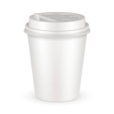 Mockup Blank Tek Kullanılabilir Kâğıt Kupa ve Lid. Soğuk ya da sıcak içecek konteynırı: kahve, Java, çay, kapuçino. Beyaz arka planda izole edilmiş bir resim. Tasarım Vektörünüz için Şablonu Hazırla