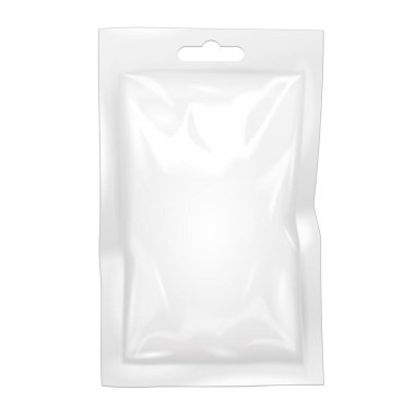 Mockup Blank Retort Foil Esnek Kese Paketi doldurdu. İlaç veya Gıda Ürünleri için. Beyaz arka planda izole edilmiş bir resim. Tasarımınız için şablonu hazırlayın. Vektör EPS10
