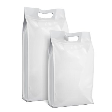 Sahte Boş folyo ya da Kağıt Yiyecekler Kese kağıdıyla Sachet Paket Paketi. Beyaz arka planda izole edilmiş bir resim. Model Model Şablonu Tasarımınıza Hazır.