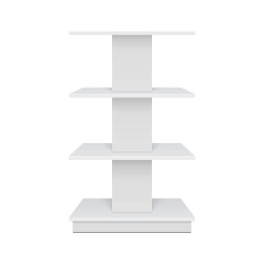Mockup Square POS POI Zemin Vitrini Süpermarket için Rafları Rafları Göster Ön Görünüm 3 boyutlu. Beyaz arka planda izole edilmiş bir resim. Tasarımınız için şablonu hazırlayın. Ürün Reklamcılığı.