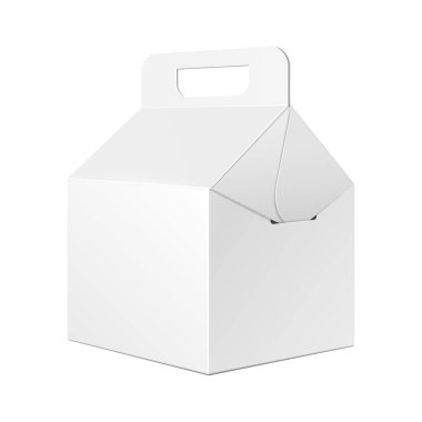 Mockup Cardboard Carry Packaging Box For Fast Food Meal, Gift Or Other Products. Illustration Isolated On White Background. Mockup Template Ready For Your Design. Vector EPS10