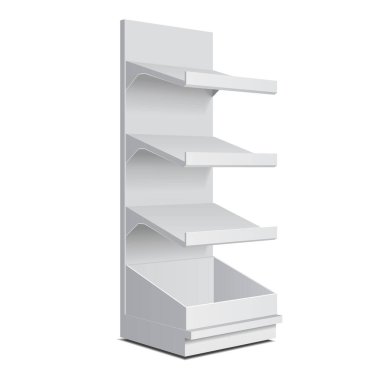 Mockup Blank Empty Showcase Display With Retail Shelves. Perspective View 3D. Illustration Isolated On White Background. Mock Up Template Ready For Your Design. Product Advertising. Vector EPS10