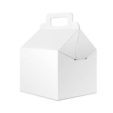 Mockup Cardboard Carry Packaging Box For Fast Food Meal, Gift Or Other Products. Illustration Isolated On White Background. Mockup Template Ready For Your Design.