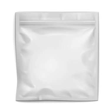 Mockup White Blank Filled Retort Foil Pouch Bag Packaging With Zipper. For Medicine Drugs Or Food Product. Illustration Isolated On White Background. Mock Up Template For Your Design.