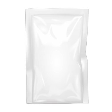 Mockup Blank Filled Retort Foil Pouch Sachet Bag Packaging. For Medicine Drugs Or Food Product. Illustration Isolated On White Background. Mock Up Template For Your Design. Vector EPS10