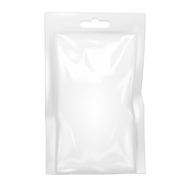 Mockup Blank Retort Foil Sachet Torbası Paketi doldurdu. İlaç veya Gıda Ürünleri için. Beyaz arka planda izole edilmiş bir resim. Tasarımınız için şablon oluşturun. Vektör EPS10