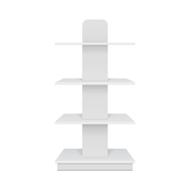 Mockup Display Rack Showcase For Supermarket. Square Retail Shelves. Front View. Illustration Isolated On White Background Mock Up Template Ready For Your Design. Product Advertising.