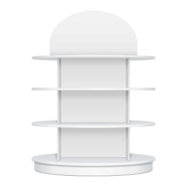 Süpermarket için Mockup Rack Showcase. Çember, Yuvarlak, Elips Perakende Rafları. Ön Manzara. Tasarımınız için Beyaz Arkaplanda İzole Edilmiş Görüntü Şablonu. Ürün Reklamcılığı.