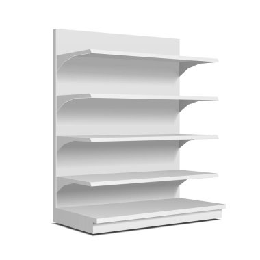 Mockup Boş Uzun Boş Vitrin Satış Raflarıyla Görüntüleme. Bakış açısı 3 boyutlu. Beyaz arka planda izole edilmiş bir resim. Tasarımınız için şablon oluşturun. Ürün Reklamcılığı. Vektör EPS10