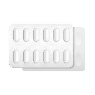 Mockup Film Kaplama Tabletler Kabarcık. Depresyondan, gripten, gripten, gripten kaynaklanan ilaçlar. Beyaz arka planda izole edilmiş bir resim. Tasarımınız için şablon oluşturun. Vektör EPS10