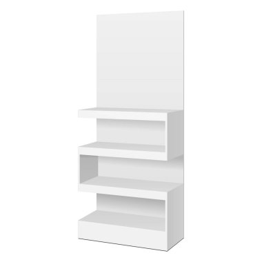 Mockup Zigzag POS POI POI Açılış Rafları Süpermarket için. Ön Görünüm 3 boyutlu. Beyaz arka planda izole edilmiş bir resim. Tasarımınız için şablon oluşturun. Ürün Reklamcılığı.