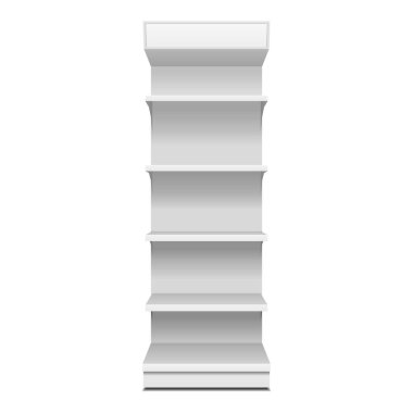 Mockup Blank Boş Vitrin Satış Raflarıyla Görüntüleme. Ön Görünüm 3 boyutlu. Beyaz arka planda izole edilmiş bir resim. Şablonu Uygula. Ürün Reklamcılığı. Vektör EPS10
