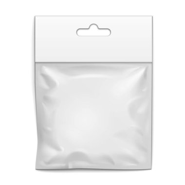 Boş plastik cep torbası. Şeffaf. Hang Slot ile. Beyaz arka planda izole edilmiş bir resim. Tasarımınız için şablon oluşturun. Vektör EPS10