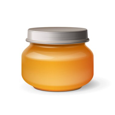 Mockup Glass Jar Of Honey, Jam, Jelly Yellow . Organic Baby Food Puree. Illustration Isolated On White Background. Mock Up Template For Your Design. clipart