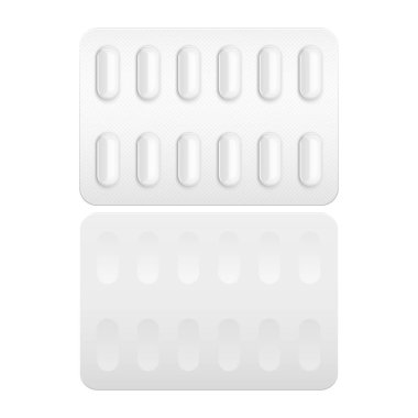 Mockup Film Kaplama Tabletler Kabarcık. Depresyondan, gripten, gripten, gripten kaynaklanan ilaçlar. Beyaz arka planda izole edilmiş bir resim. Tasarımınız için şablon oluşturun. Vektör EPS10