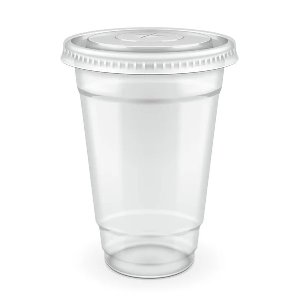蓋付きモックアップ空の使い捨てプラスチックカップ 冷たい 熱い飲み物のための透明な容器 ジュースフレッシュ コーヒー ミルクシェイク 白を基調としたイラスト Mock Template Design — ストックベクタ