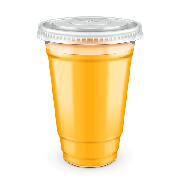 Mockup Γεμισμένο Πλαστικό Κύπελλο Μιας Χρήσης Καπάκι Πορτοκάλι Βερίκοκο Μάνγκο — Διανυσματικό Αρχείο