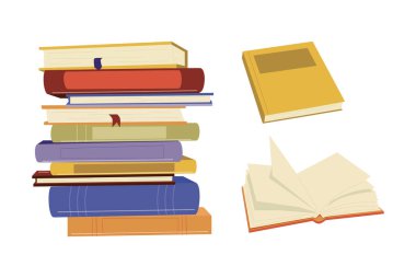 Biraz daha kitap oku. Kitapseverlere göre ayarlandı. Çeşitli kitaplar, yığınla kitap, defterler. Elle çizilmiş eğitici vektör çizimi. Düz dizayn. Çizgi film tarzı. Her şey izole.