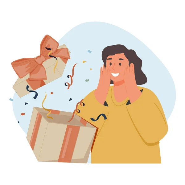 Mujer Abriendo Caja Regalo Mirando Confeti Festivo Tirado Ella Concepto — Vector de stock