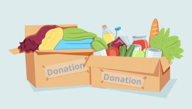 Bağış Karton Kutu Simgesi Seti Kıyafetler ve Oyuncaklar da içeriyor. Hayırseverlik konsepti. Simgelerin vektör illüstrasyonu. Vektör illüstrasyonu.