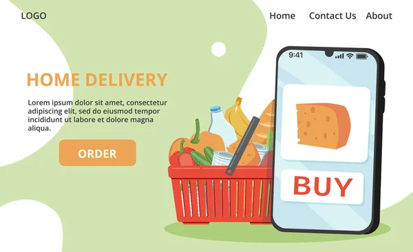 食料品店 オンライン市場 ホームデリバリーのためのウェブページデザインテンプレート ポスター バナー サイト開発のためのベクトルイラスト — ストックベクタ