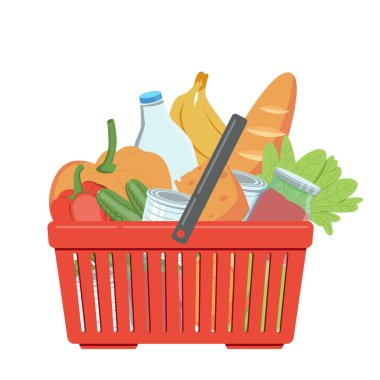 Sincap arka planında izole edilmiş taze yiyecek dolu kırmızı yemek sepeti. Marketten ürünlerin teslimatı. Ekmek, süt, peynir, konserve yiyecek ve sebzelerin düz çizgi film tarzında tanıtımı.