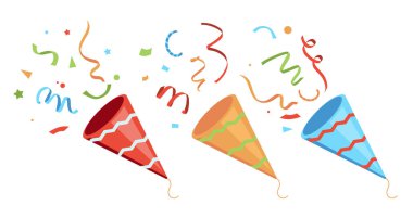 cute party popper confetti set illustration set. confetti isolated, explosion, firecracker, celebration. Vector drawing. Hand drawn style.