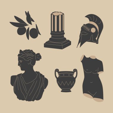 Mystical set of ancient Greek sculpture. Vector hand drawn illustrations of vintage classic statues in trendy bohemian style. Boho tattoo art. Head, branch, vase, column, torso.
