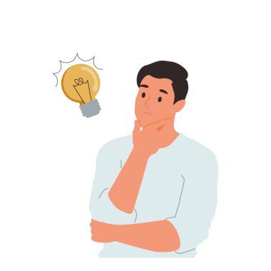 problem solving concept, man thinking, with question mark and light bulb icons. creative idea. Hand drawn style vector design illustrations