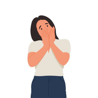 Depresyondaki kadın elleriyle yüzünü kapatıyor. Zihinsel bozukluk, üzüntü ve depresyon kavramı. Kadınlara karşı fiziksel ve duygusal taciz. Vektör illüstrasyonu.
