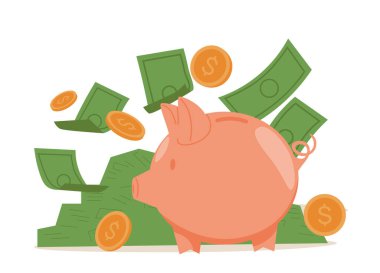 Para yaratıcı iş konsepti olan domuz kumbarası. Gerçekçi tasarım. Pembe domuz altın sikkeleri saklar. Nakit para biriktir ve biriktir. Güvenli finans yatırımı. Finansal hizmetler. vektör illüstrasyonu