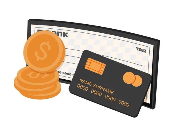 Finanzinstrumente Plastikkreditkarte Bankscheck Scheckbuch Münzen Persönliches Geld Bargeld Und Bargeldlose lizenzfreie Stockillustrationen