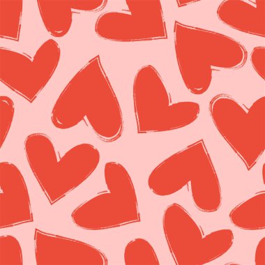 Elle çizilmiş kırmızı kalplerle kusursuz bir romantik düzen. Kırmızı arka planda renkli karalama kalpler. Tasarım, kartpostallar, baskı, poster, parti, sevgililer günü, klasik tekstil için hazır şablon. Vektör.