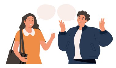 Genç çift konuşuyor. İletişim kuran insanlar. Çok uluslu dostların olumlu iletişimi. İnsanlar konuşma baloncuklarıyla konuşuyor. Düz vektör karikatür çizimi beyaza izole edildi