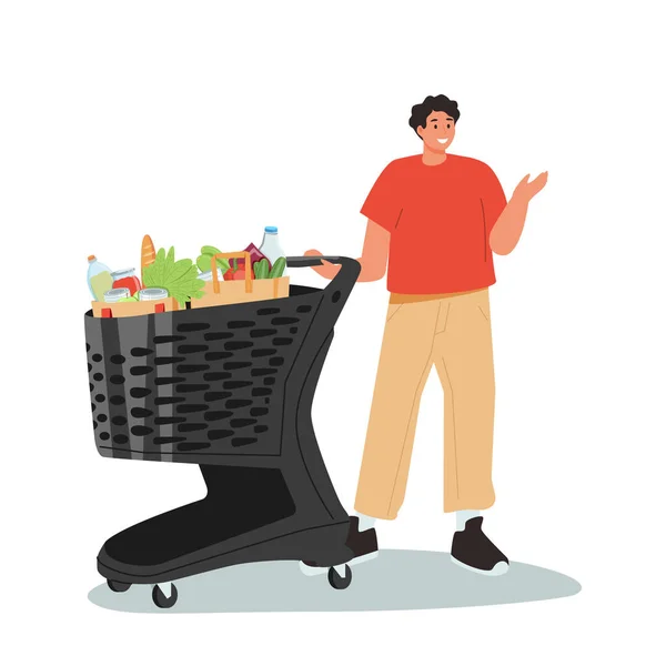 Man Carries Grocery Basket Full Groceries Supermarket Vector Illustration Cartoon — Stock Vector