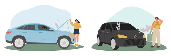 Auto Unfall Illustration Set Figuren Die Der Nähe Kaputter Autos — Stockvektor