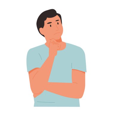 Karışık bir adam sanıyor, bir sulution bulmaya çalışıyorum. Soru ya da çözüm kavramı hakkında düşünme. Kafa karıştırıcı durum vektör çizim karikatür. Web tasarım, yazdırma için düzen veya Infographic kare